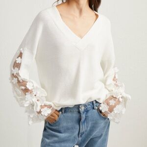French Connection White Caballo Floral Lace Sleeve Sweater Sz M Coquette V Neck